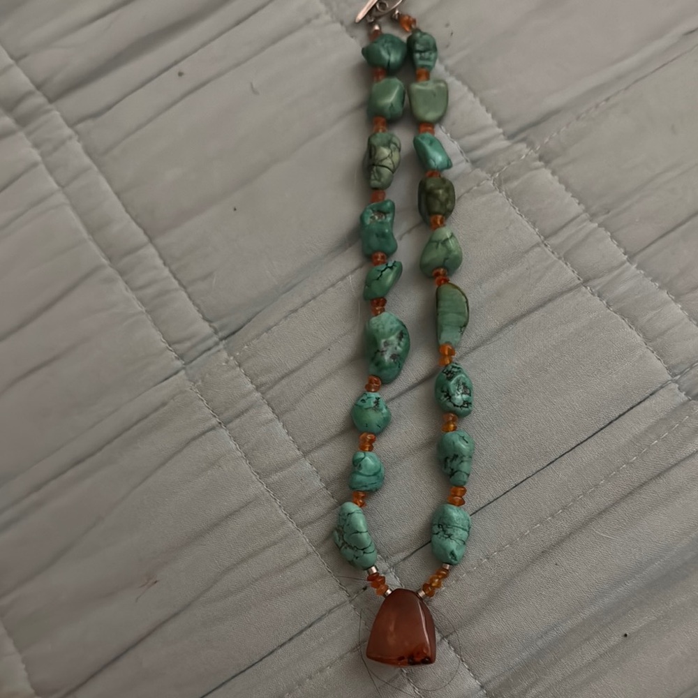 Turquoise and Amber VintageNecklace 18” with elegant Amber centerpiece